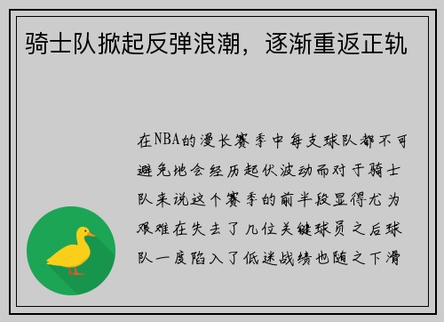 骑士队掀起反弹浪潮，逐渐重返正轨