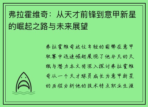 弗拉霍维奇：从天才前锋到意甲新星的崛起之路与未来展望